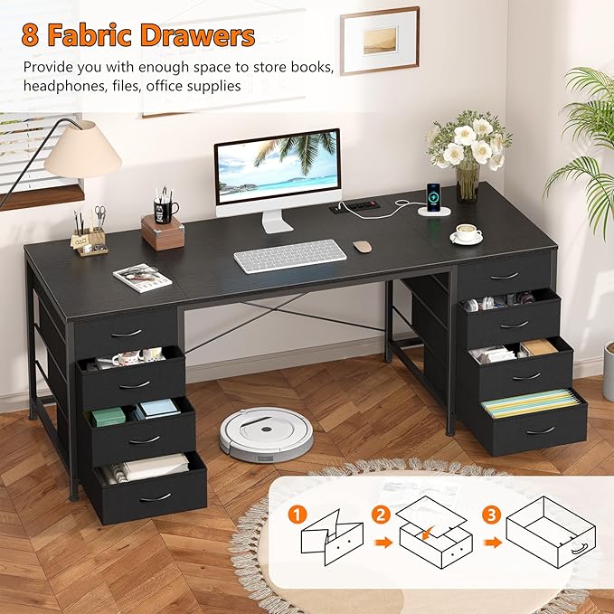 60 Inch Computer Desk with 8 Drawers Home Office Desk with Power Outlets Work Study Gaming Desk with 8 Fabric Drawers Black
