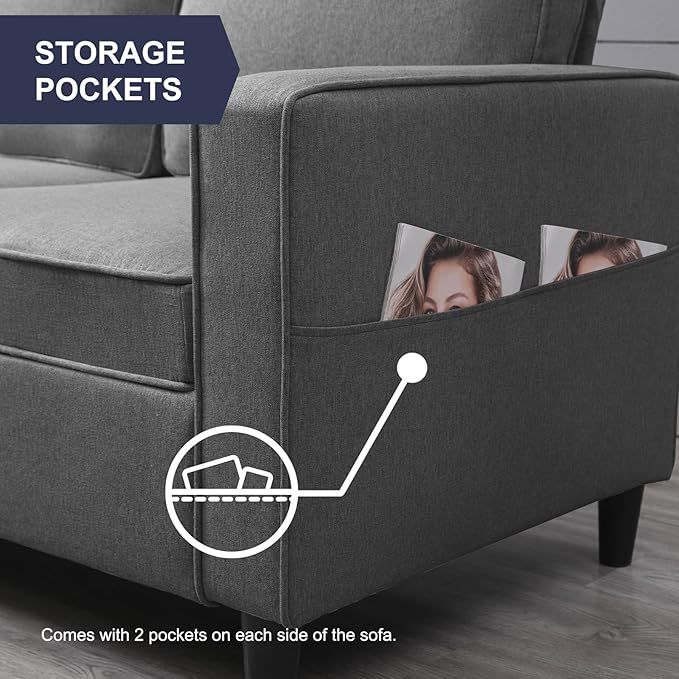 3 Pieces Living Room Sofa Set Linen Couch and Loveseat &amp Chair Sets with Ottoman &amp Armchair Modular Sectional Sofa Couch Furniture Set Wood Legs Sofas Couches for Living Room - Dark Grey