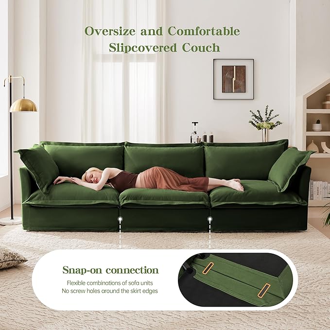120 Slipcovered Modular Cloud Sectional Sofa Deep Seat Chenille U Shaped Couch with Removable Covers 3-Seater Sofa for Living Room (Green) | Slipcovered