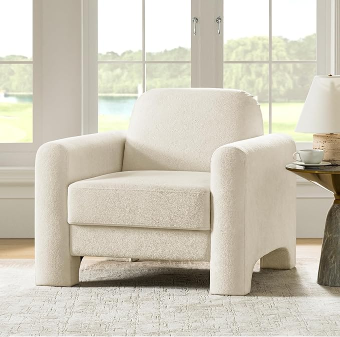 HULALA HOME Modern Curved Accent Club Chair Chenille Armchair Upholstered Sofa Chair with Wrapped Armrests Comfy Reading Armchair for Living Room Easy Assembly Ivory