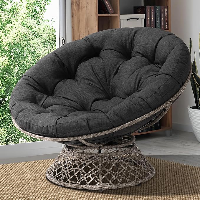 Bme Metal Oversized Swivel Papasan Chair Living Room Chair with Black Cushion Gray Frame 360° Swivel Skillfully Woven Resin Wicker 46 Inch Wide Bee-Designed Base Modern Style Indoor Use
