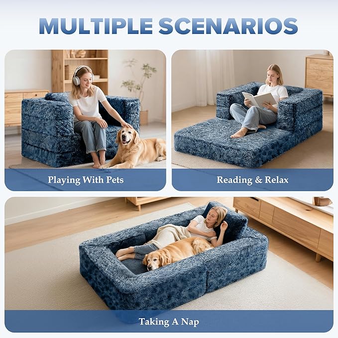 HABUTWAY Convertible Sofa Bed 3-in-1 Futon Sofa Bed with Pillow Foldable Pull Out Floor Sofa Bed with Removable Cover Plush Boneless Couch for Living Room/Bedroom/Dorm