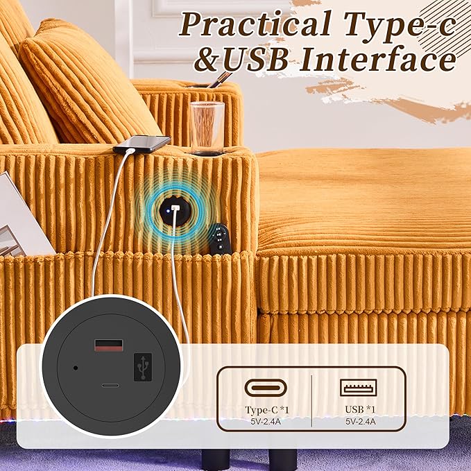 SLEERWAY Modern Corduroy Chaise Lounge Sofa Indoor- 55.9 Comfy Oversized Couch Bed with USB Ports Cup Holder Side Pocket Lights 3 Throw Pillows Lazy Recliner Chairs Living Room (Yellow)