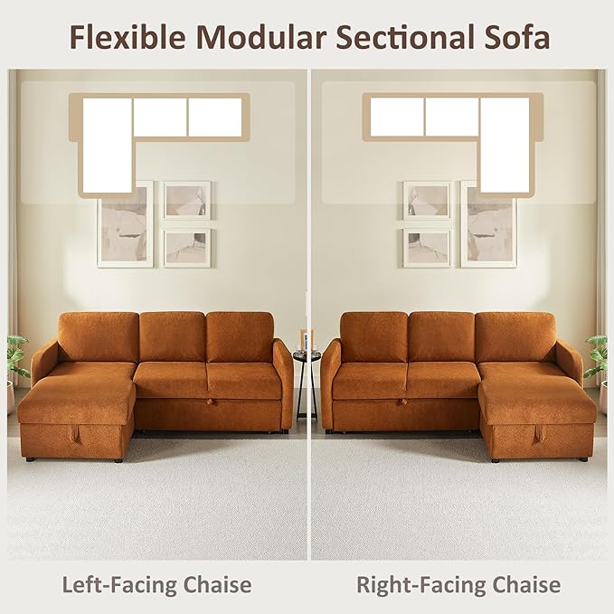 84-inch Sleeper Sofa Bed L-Shaped Corner Reversible Sleeper Sectional Sofa with Storage Chaise 2 in 1 Cloud Terry Convertible Pull Out Couch for Small Space Bedroom Apartment Office Living Room