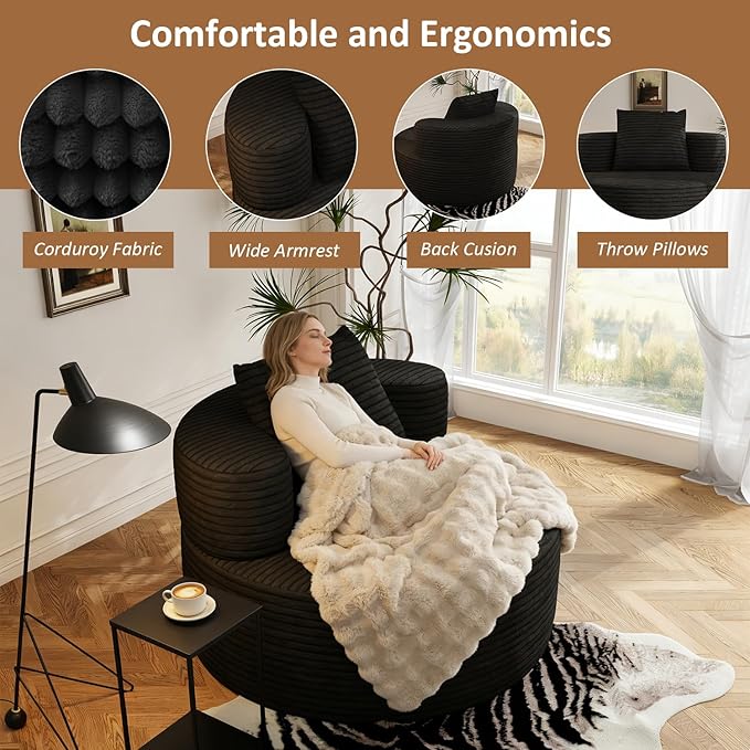 37.4 Oversized Chaise Lounge Boneless Round Chair Cloud Chair Indoor Upholstered Corduroy Deep Seat Sofa Accent Chair No Assembly Required for Living Room Bedroom Apartment