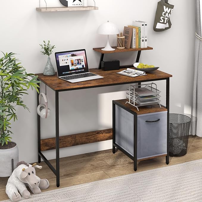 Giantex Computer Desk with Drawer and Power Outlet Home Office Desk with Reversible Storage Drawer &amp Raised Shelf Computer Workstation with Hook Industrial Study Writing Desk for Study Bedroom