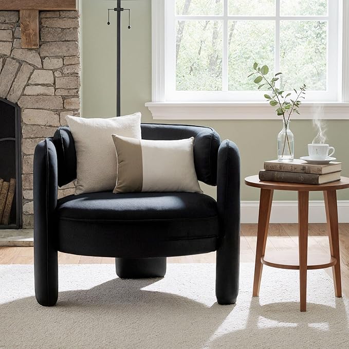 HNY Mid Century Modern Velvet Barrel Accent Chair Comfy Round Upholstered Armchair with Open Back Side Club Chair Lounge Arm Chair for Living Room Bedroom Waiting Rooms Small Spaces Black