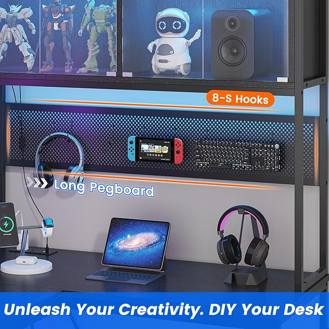 L Shaped Gaming Desk with DIY Pegboard Home Office Computer Desk with Raised Display Stand 2 Drawers and LED Glass Cabinets Corner Desk with Printer Desktop&ampPower Outlet Black