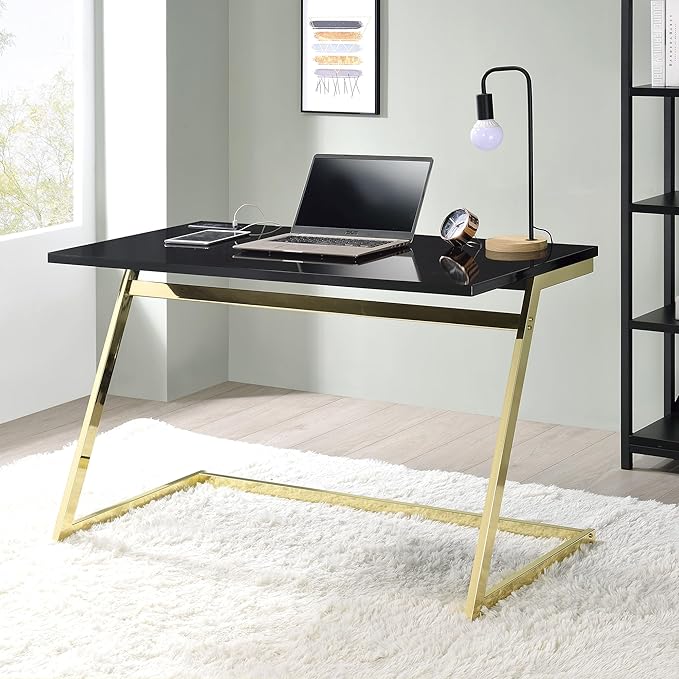 24/7 Shop at Home Ruthetta Modern Metal Writing Desk with USB Port Power Outlet for Workstation Home Office Study Room Glossy Black and Brass