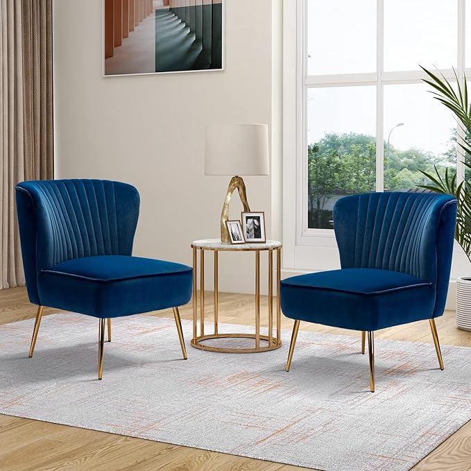 TINA'S HOME Monica Velvet Accent Chair Set of 2 Mid Century Side Chair Comfy Upholstered Living Room Chair with Golden Legs Wingback Armless Slipper Chair for Bedroom Guest Room- Navy Blue