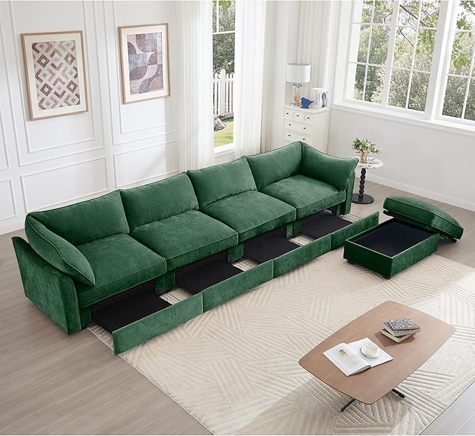 Modular Sectional Sofa with Pull Out Storage Drawers 146.4 L-Shaped Comfy Chenille 4-Seat Sofa with Storage Ottoman Upholstered Deep Seat Couch with 2 Armrest Pillows for Living Room Green