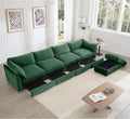 Modular Sectional Sofa with Pull Out Storage Drawers 146.4 L-Shaped Comfy Chenille 4-Seat Sofa with Storage Ottoman Upholstered Deep Seat Couch with 2 Armrest Pillows for Living Room Green