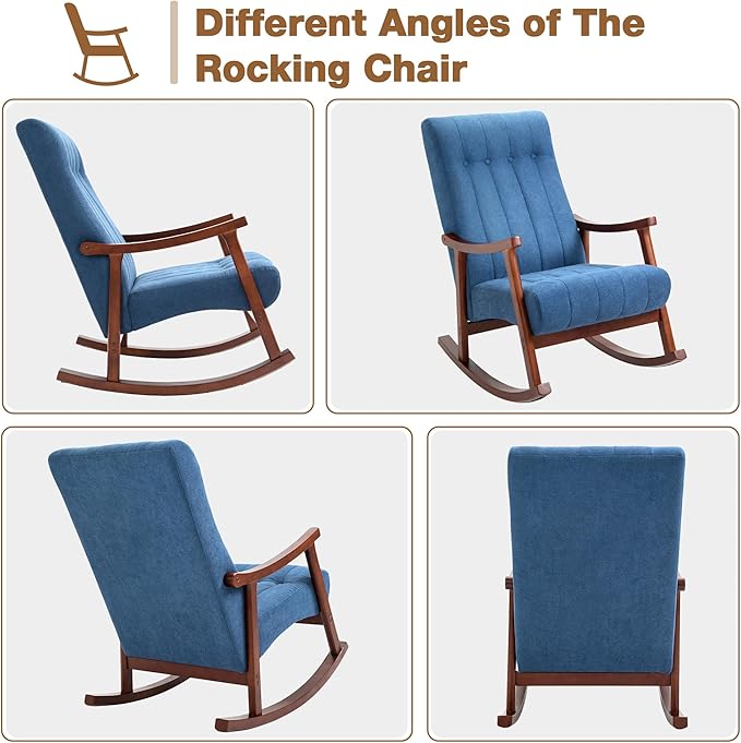 AVAWING Upholstered Rocking Chair with Fabric Padded Seat Comfortable Rocker Solid Wood for Living Room Modern High Back Armchair for Adult (Blue)