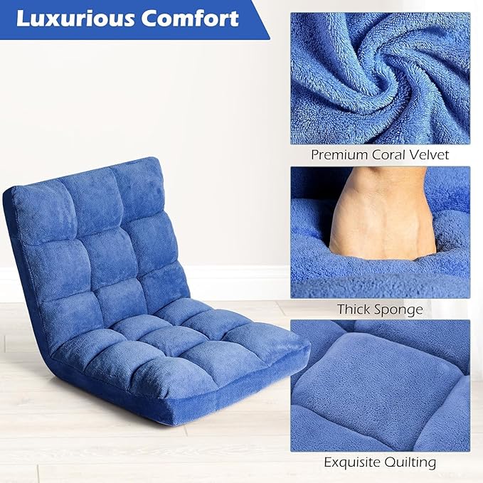 KOMFOTT 14-Position Adjustable Floor Chair with Back Support - Folding Padded Gaming Sofa Chair for Reading Meditation Living Room Lazy Lounge Video Gaming - Blue