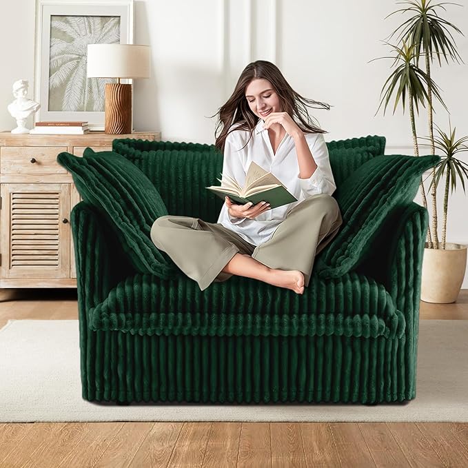 49''W Corduroy Chaise Lounge Chair Indoor Oversized Upholstered Sleeper Sofa with Movable Ottoman and 2 Pillows Removable Sofa Cover for Living Room Home Theater Apartment(Green)