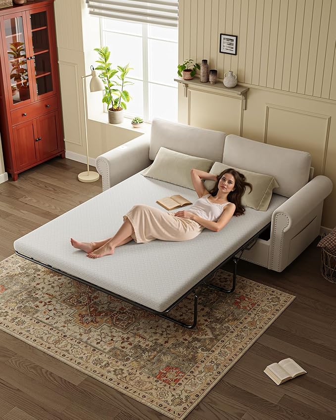 Queen Pull Out Sofa Bed | 83 Large Sleeper Sofa with Queen Size Mattress | 2-in-1 Convertible Loveseat Sofa-Bed with USB Ports Side Pockets Ivory White
