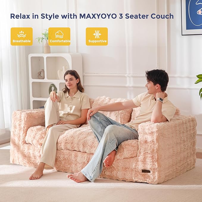 MAXYOYO 3-Seater Boneless Sofa Couch Modern Bubbled Sofa for Living Room Soft Bean Bag Chair High-Density Foam Couch with Pillows No Assembly Required