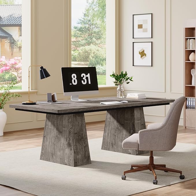 Tribesigns 63-Inch Executive Desk Large Office Computer Desk with Double Pedestal Modern Simple Workstations Writing Table Conference Table Business Furniture for Home Office Grey