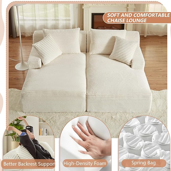 78.8 Oversized Double Chaise Lounge Chair Sectional Upholstered Deep Seat Cloud Couch Modern Corduroy Sofa Bed Loveseat Sleeper Chair for Living Room Bedroom Apartment Indoor White