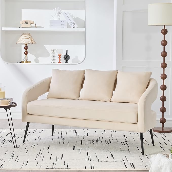 53.7 Modern Velvet Loveseat Sofa with 3 PillowSmall Comfortable 2 Seat Sofa with Metal Legs Small Couch for Living RoomBedroomOfficeReceptionBeige