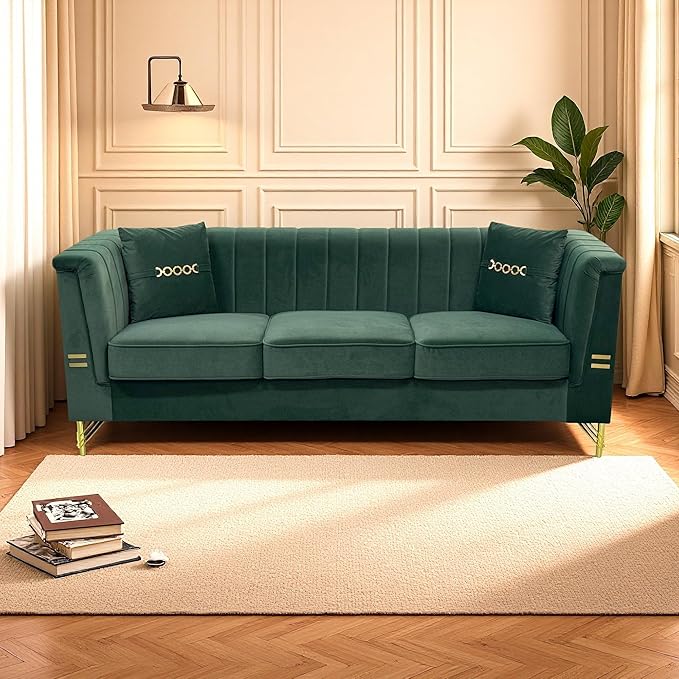 83.46 Upholstered Chesterfield Couch Modern 3 Seater Sofa with Tufted Back and Square Arms Wood Leg Nailhead Sofa for Living Room/Office/Apartment/Small Space Green Velvet