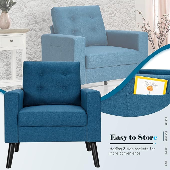 Giantex Set of 2 Modern Accent Chair Upholstered Living Room Chair Button Tufted Single Sofa Couch Bedroom Reading Guest Room Patented Linen Fabric Armchairs with Side Pockets and Wood Legs Blue