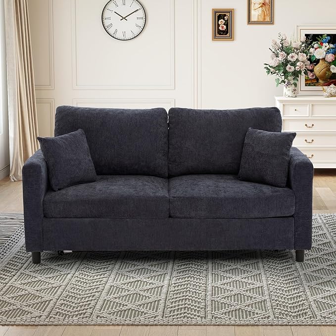 Antetek 72-inch Pull Out Sofa Bed with Mattress Convertible 2-in-1 Folding Full Size Chenille Futon Comfy Loveseat Sleeper Sofa Couch Bed with Square Arms for Guest Room Living Room Bedroom Grey