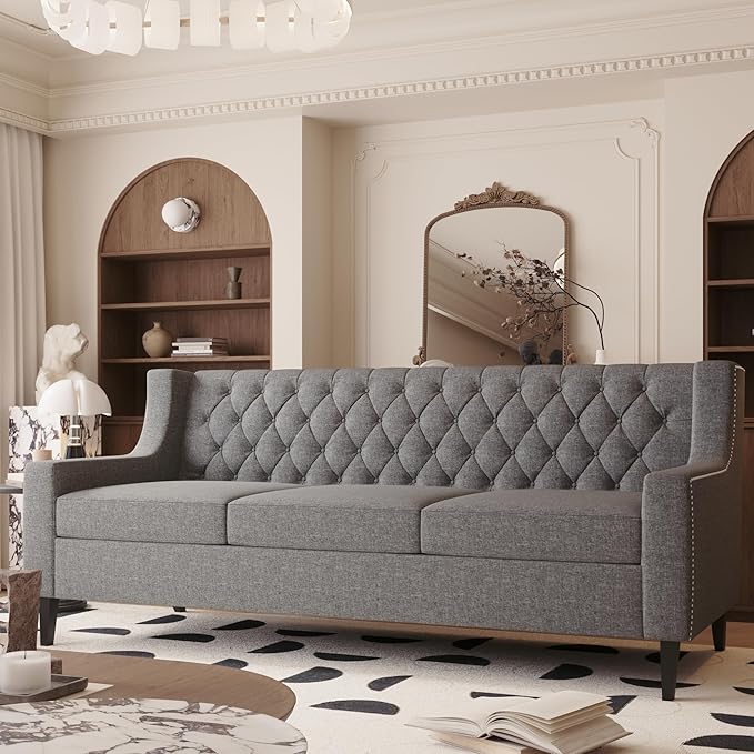 GDFStudio 78.75 3-Seater Sofa Button Tufted Backrest Big Comfy Couch with Plush Cushions Mid Century Modern Couches Home Living Room Sofa Upholstered Sofas &amp Couches for Apartment Bedroom Gre