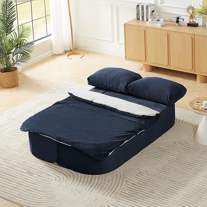 2-in-1 Convertible Sofa Bed 74.8 Memory Foam Boneless Couch Bed Full Size Love Seat Sleeper Sofa Floor Couch Loveseat with 2 Pillows for Living Room Bedroom Apartment Office No Assembly Blue