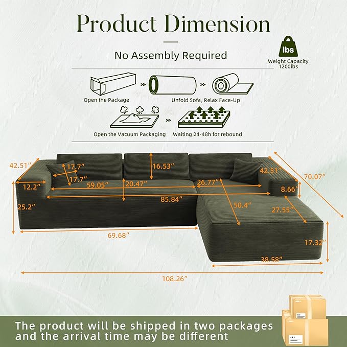 108 Cloud Sectional Couch with L-Shape ChaiseModern Corduroy Boneless Sofa with Deep SeatWide Armrest High Rebound Living Room Sectional CouchNo Assembly Required(Right ChaiseGreen)
