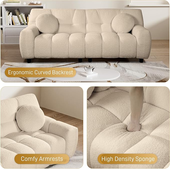 Modern Boucle Sofa Couch Comfy Deep Seat Teddy Cloud Couch 72.8 Upholstered Cozy Sherpa 2 Seater Couches with Pillows Oversized Loveseat Sofa for Living Room Apartment Light Brown