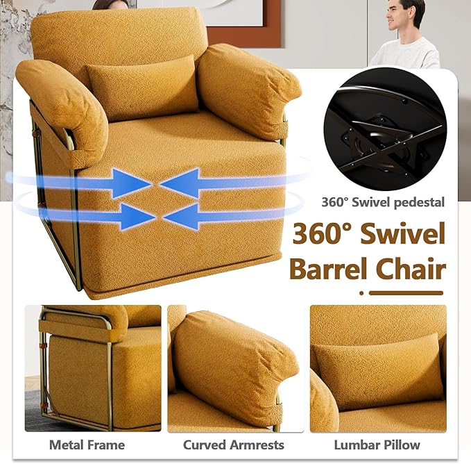 Swivel Accent Chairs 360 Swivel arm Chairs for Bedroom Club Chair with Back Gold Frame Tall Base for Office and Living Room (Orange)