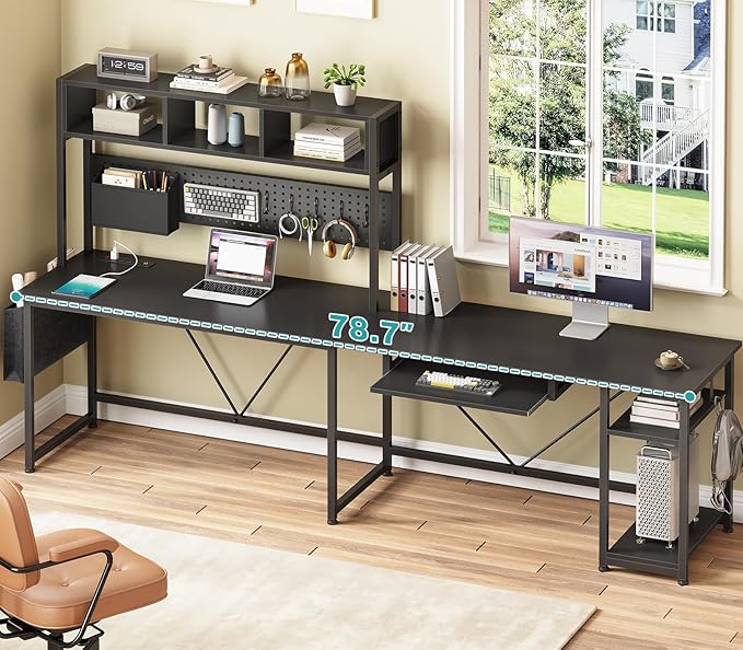 SEDETA L Shaped Gaming Desk with Hutch 57.5” Reversible Corner Computer Desk with Storage Shelves Gaming Desk with Pegboard LED Lights Power Outlet Keyboard Tray and Storage Bag Black