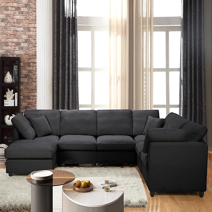 117 Modular Sectional SofaU Shaped Chenille Sofa Set with Movable OttomanModern 7-Seat Cloud Sectional Couches for Living Room Home Office (Black 117 U-7 Seater)