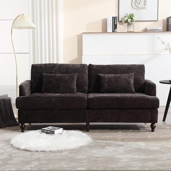 69” Modern Chenille Loveseat Sofa Couch Upholstered 2 Seat Love Seat Deep Seat Small Couch with 2 Pillows and Sturdy Wood Legs for Living Room Bedroom Apartment (Black)