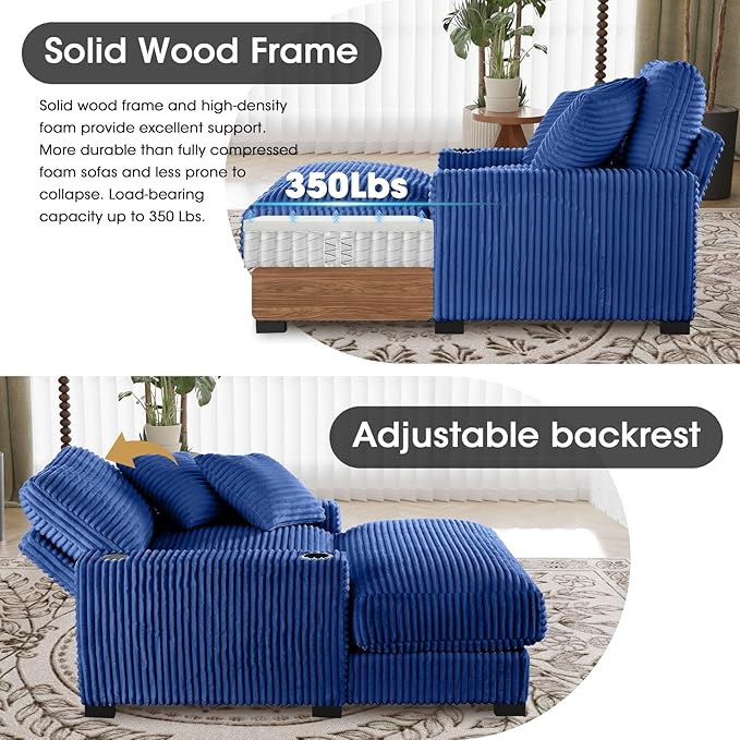41 Chaise Lounge Indoor Comfy Reading Chair with 2 PillowsUSB Charger Cup Holder Adjustable Backrest Corduroy Sofa Bed Lazy Chair Sleeper Couch Small Couch for Apartment Blue