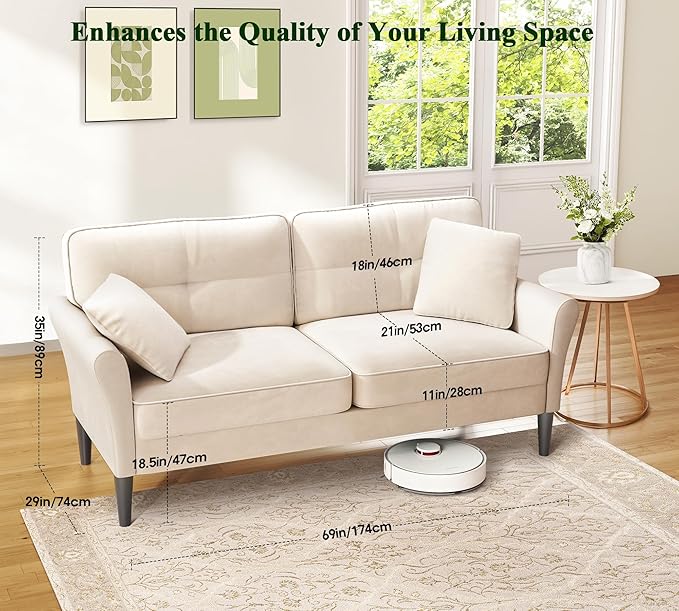 Loveseat Sofa 69 Love Seat Couches Comfy Velvet Small Sofa Couch for Bedroom with 2 Pillows Tool-Free Setup Sofas &amp Couches 700lb Load Sofas for Living Room Mini Couch for Bedroom White Cou