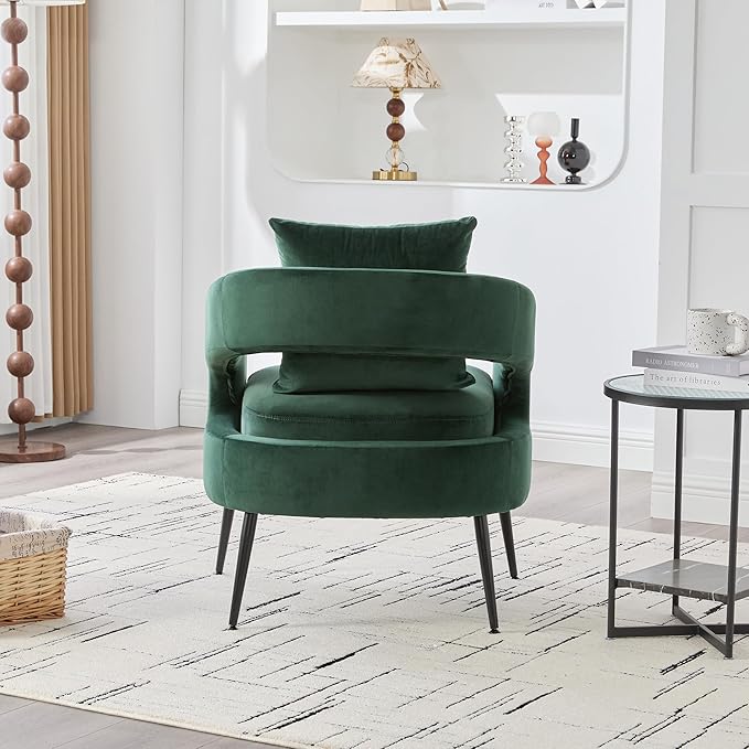 Modern Minimalist Style Open Back Accent ChairVelvet Barrel Dining Chair with Metal LegsComfortable Upholstered Single Sofa for Living RoomBedroomReceptionDining RoomGreen