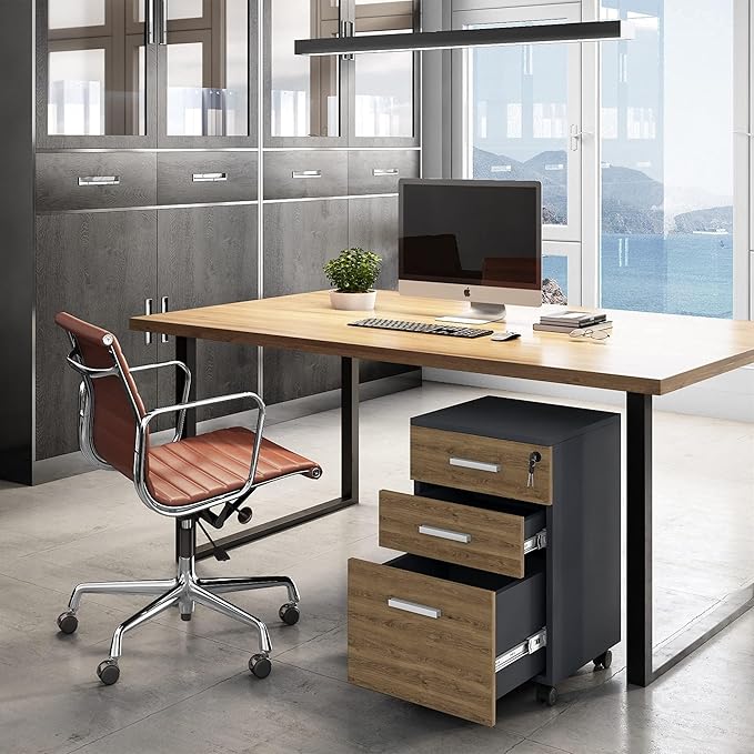 Modern Design Lazio File Cabinet Filing Cabinets for Home Office Drawers for Under Desk Locking 3 Drawer Rolling Wood Filing Cabinet with Lock Walnut and Black by Crafts and Comfort