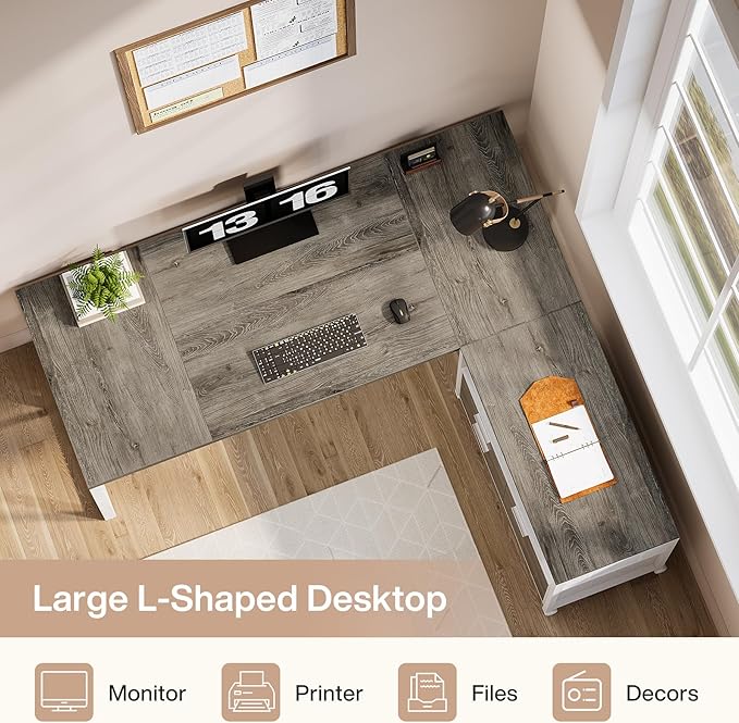 Tribesigns L-Shaped Desk with Drawers 63 Executive Office Desk with Mobile File Cabinet and Storage Shelves Home Office Business Furniture Set (Gray White)