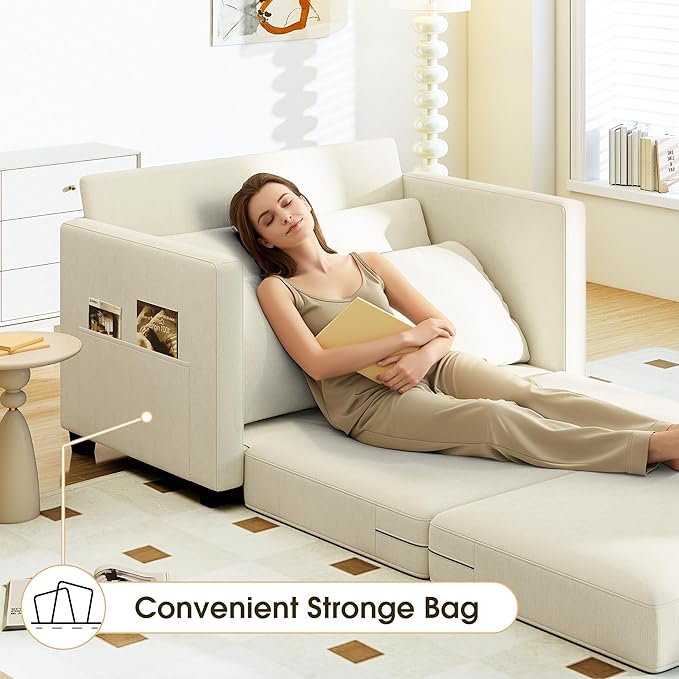51 Convertible Sofa Bed 2 in1 Folding Sofa Bed Loveseat Sleeper Sofa for Small Spaces Fold Out Floor Couch with 2 Pillows for Apartment Living Room &amp Guest Room Beige Chenille Fabric