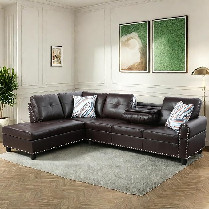FONTOI Leather Sectional Couch Sofa Modern Nail-Head Design L Shaped Sectional Sofa for Living Room 4 Seat L Couch with Storage Ottoman &amp Cup Holder for Bedroom Apartment Red