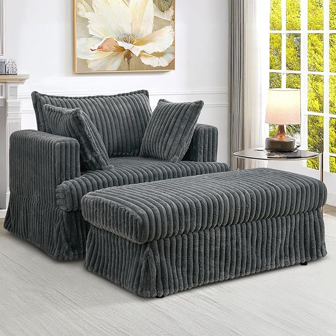 Oversized Chaise Longue IndoorComfy Upholstered Tufted Corduroy Single Sofa Couch Leisure Chair with 3 PillowDeep Seat Reclining Sleeper Sofa Chair for Living RoomBedroomOffice (Dark Gray)