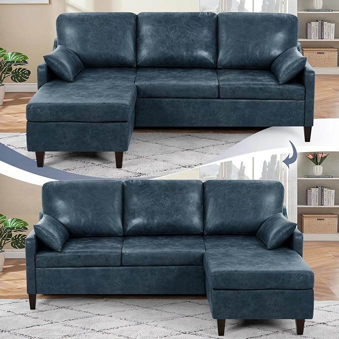 76 Sectional Sofa Couch w/Reversible Chaise Suede Leather L Shaped Sofa w/USB Charger Ports &amp Storage Bag Convertible Modern Couch w/Storage Space for Living Room Small Space Blue