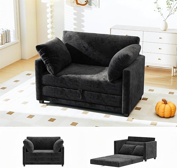 51 Convertible Loveseat Sofa Bed 2-in-1 Folding Sofa Bed with 2 Pillow for Small Spaces Modern Loveseat Sleeper Couch for Apartment Living Room &amp Guest Room (Chenille Black 51 inch)