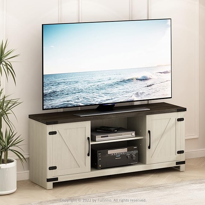 Furinno Jensen Farmhouse Barn Door Living Room TV Stand with Storage Cabinets for TV up to 70 Inch Ebony/White Wash