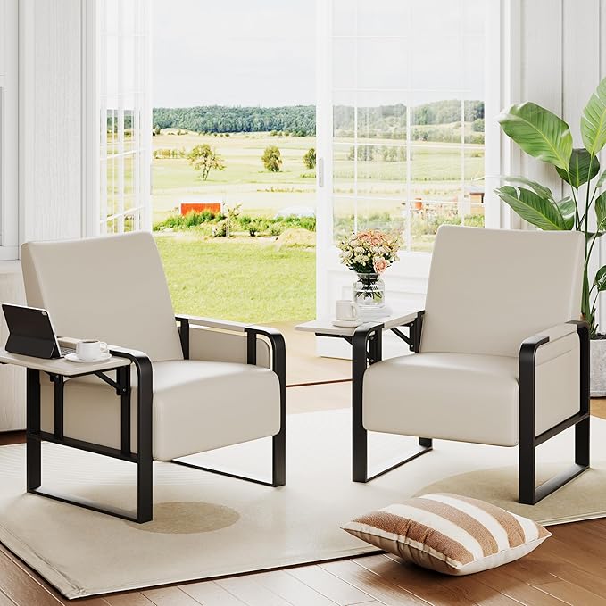 Andeworld Modern Accent Chair Mid Century Living Room Armchair Upholstered Faux Leather Sofa Side Chair with Side Table for ReadingWorkingOfficeApartmentBeige