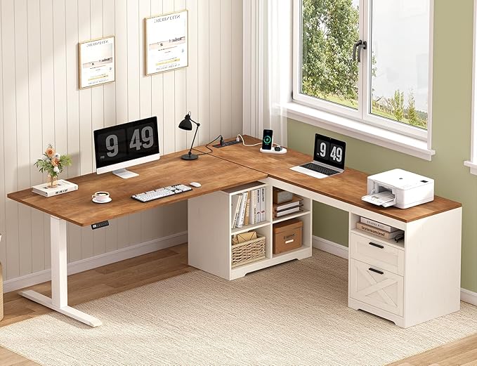 Farmhouse L Shaped Standing Desk 66 inch Corner Electric Standing Desk with Drawers ＆ Storage Shelves Height Adjustable Computer Desk with Power Outlets for Home Office Antique White