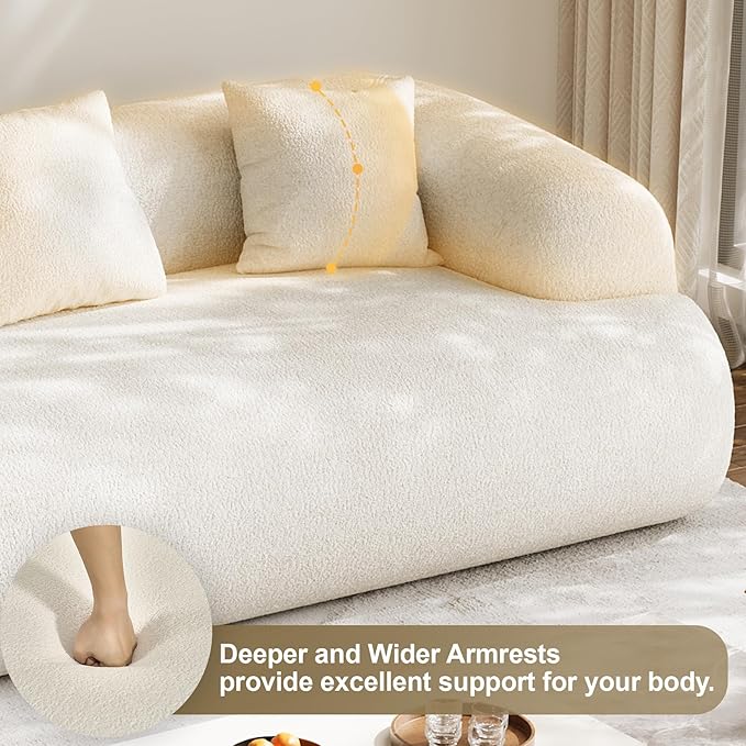 Oversized Sectional Sofa for Living Room Modern Luxury Plush Chenille 3-Seater Extra Deep &amp Wide Seat Curved Cloud Couch with 3 Throw Pillows No Assembly Needed Cream White （91 inch）
