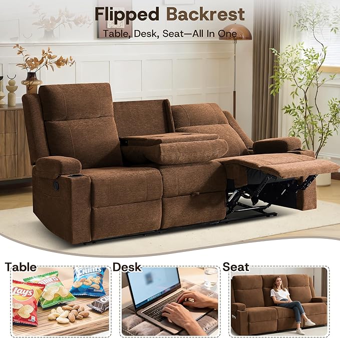 3-Seater Manual Reclining Sofa with Cup Holders Large Chenille Fabric Recliner Couch with Wide Seats Spill-Resistant &amp Easy Assembly Double Side Reclining Chairs for Living Room RV